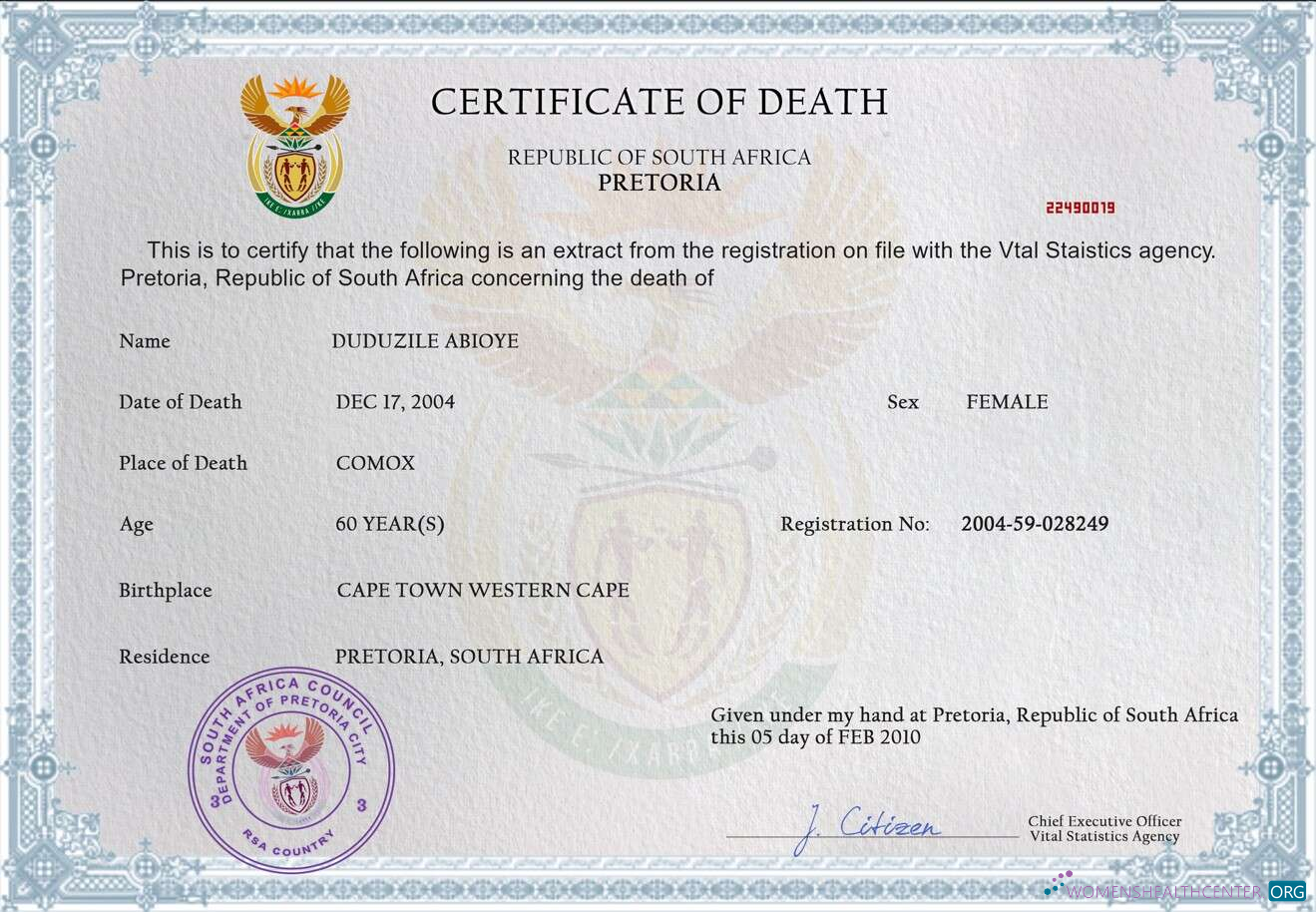 Download South Africa death certificate PSD template Photoshop template
